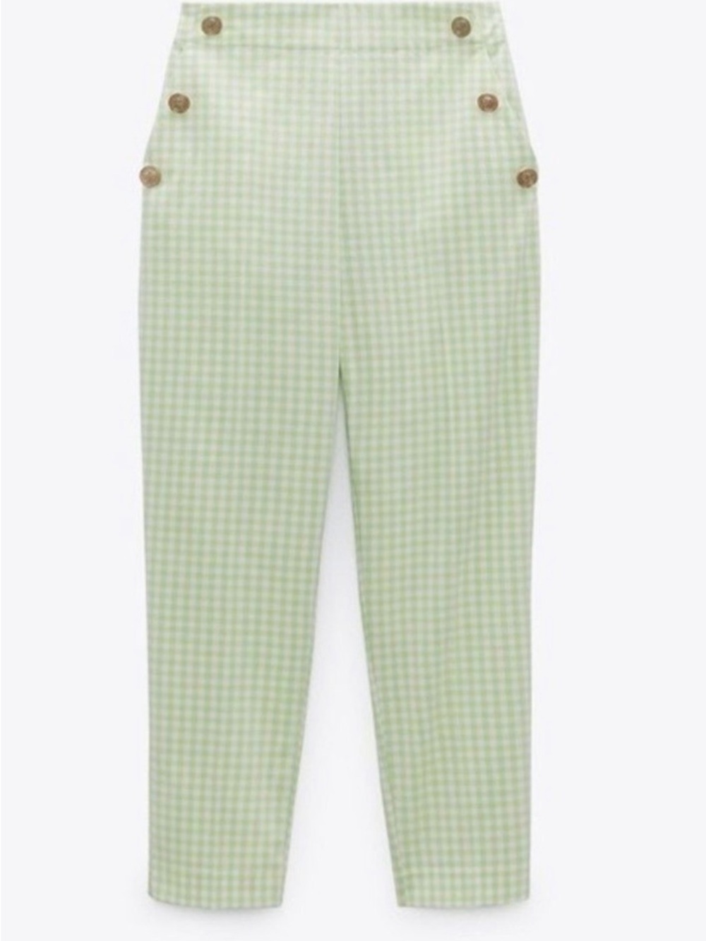 Zara Light Green Gingham High-Waist Button Trousers